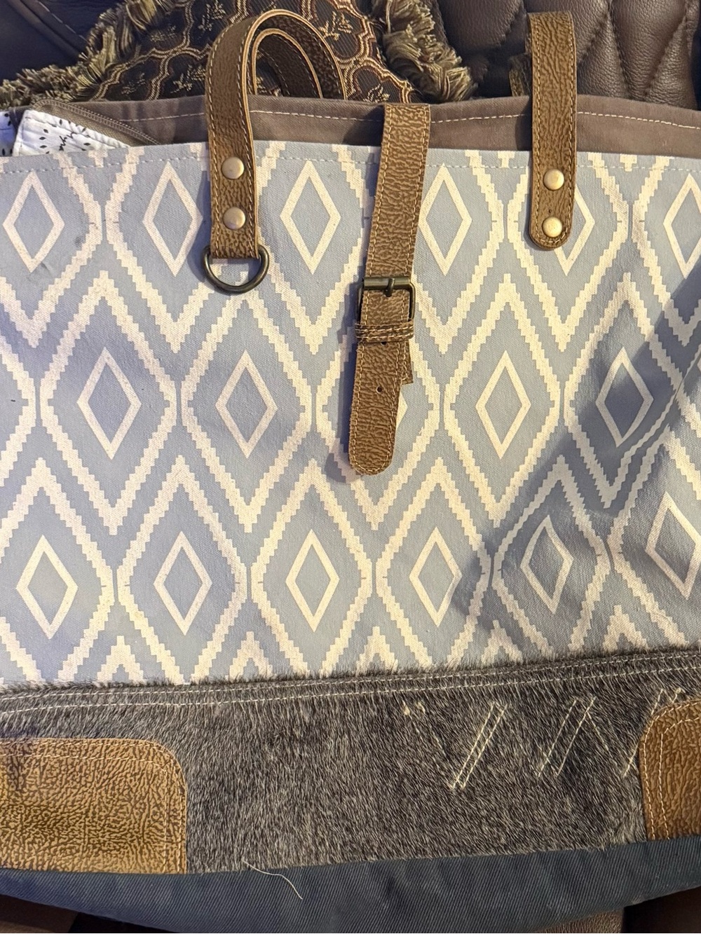 Myra Bag Blue and Brown Geometric Travel Tote with Leather Trim